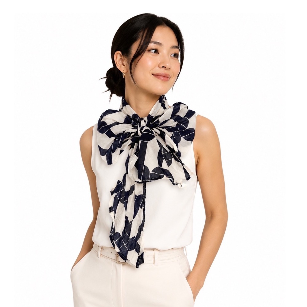 Navy Blue White Geometric Chain Link Cotton Scarf Lightweight Coastal Chic 92-20